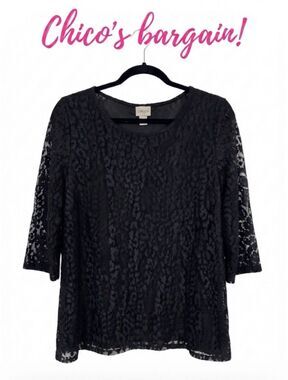 Chicos Senoia Leopard Lace Sharkbite Tunic Top Black 3/4 Sheer Sleeve Blouse 1 M